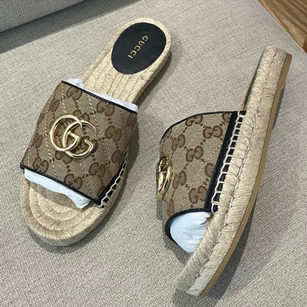 Gucci Brown Espadrille Slides with GG Monogram